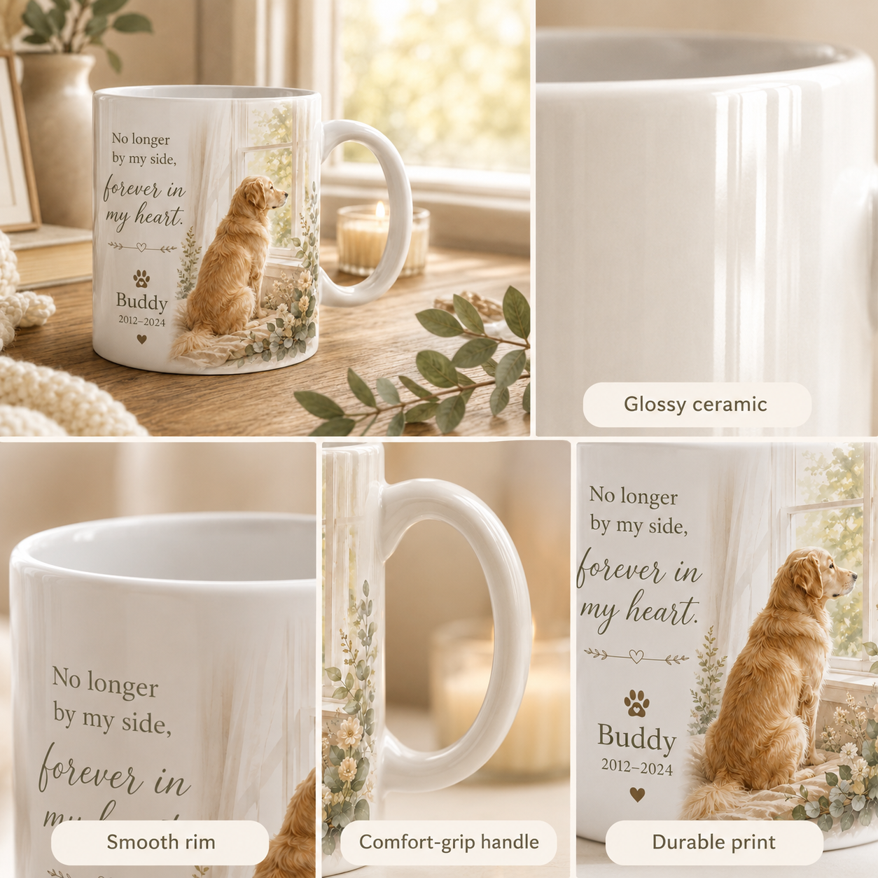 Wrap-around personalized pet memorial mug artwork with photo name and years