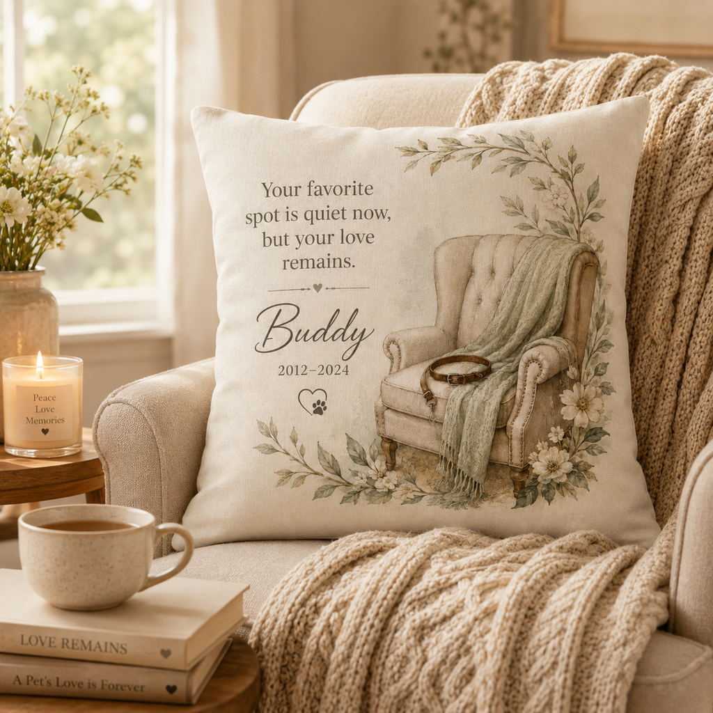 Pet memorial pillow cover styled in a warm home setting