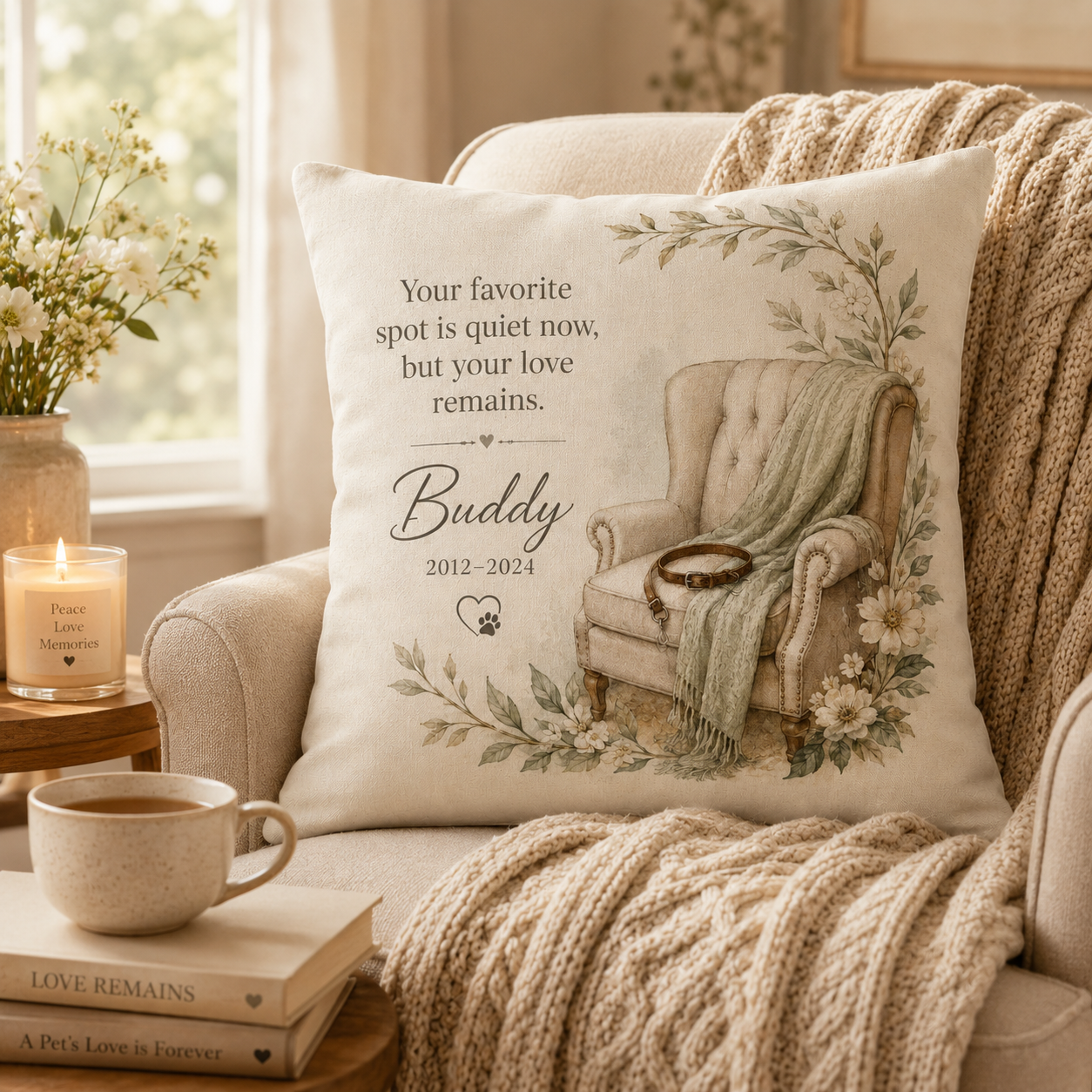 Pet memorial pillow cover styled in a warm home setting