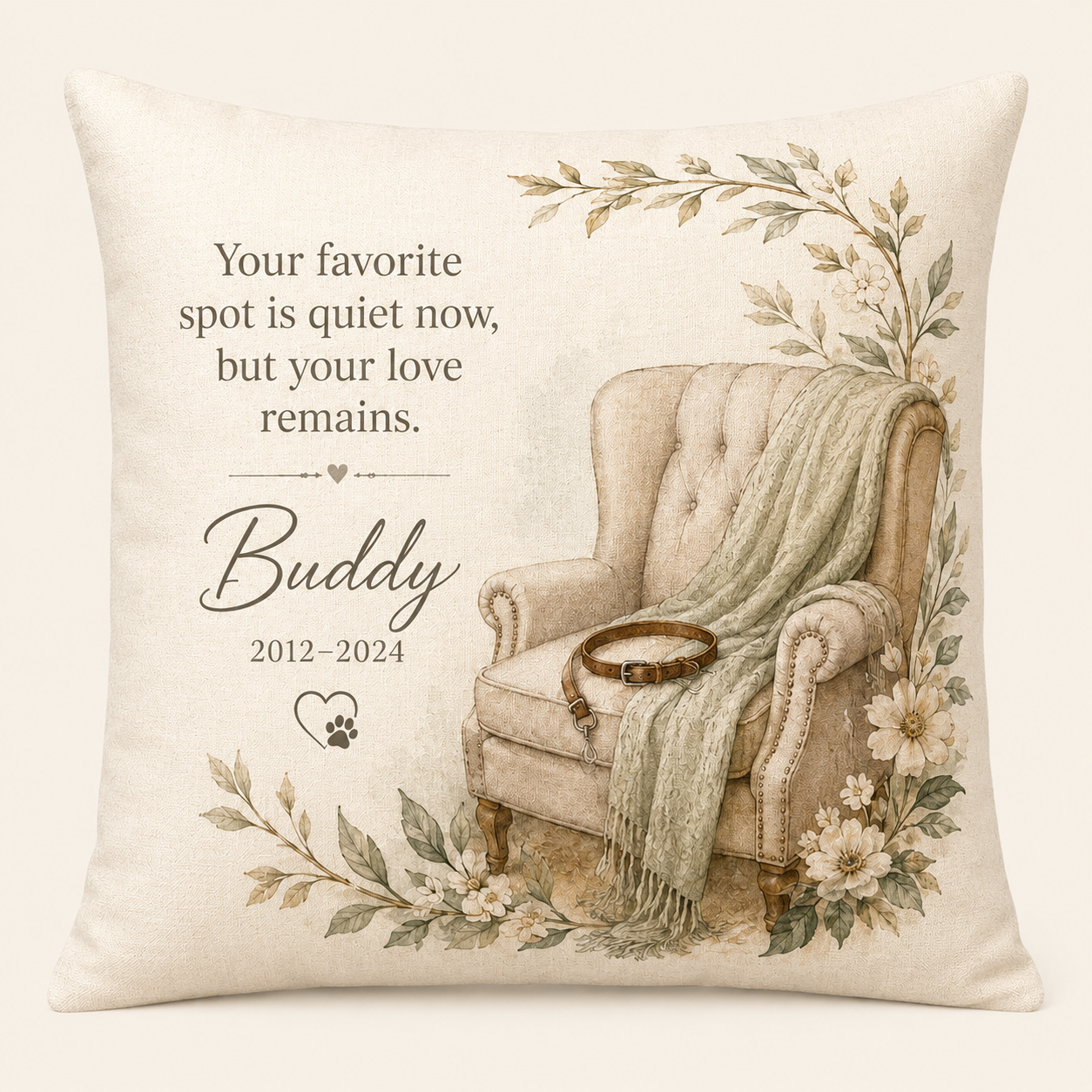 Personalized pet memorial pillow cover with name years and favorite chair design