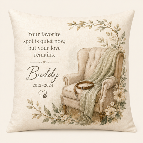 Personalized pet memorial pillow cover with name years and favorite chair design