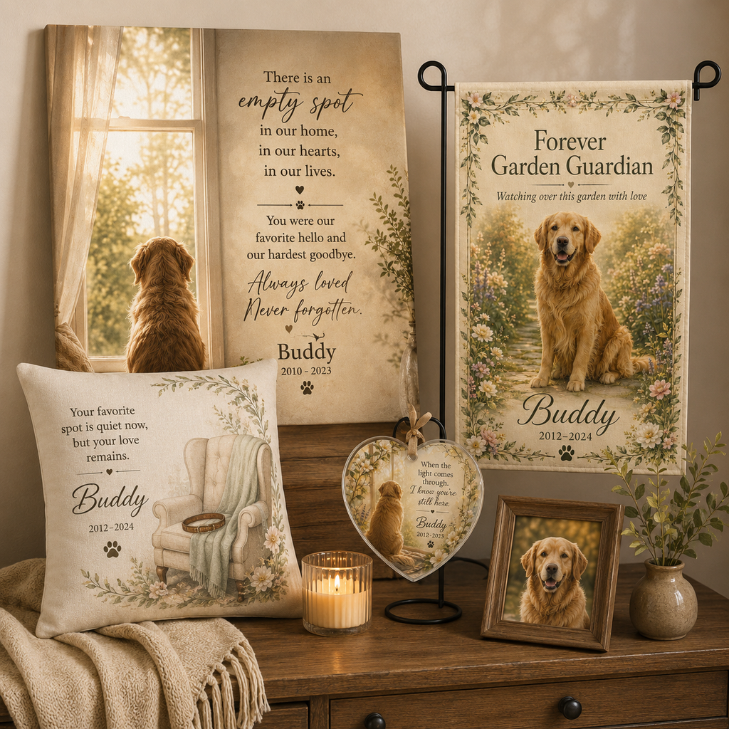 Peaceful home memorial corner with personalized pet memorial pillow cover