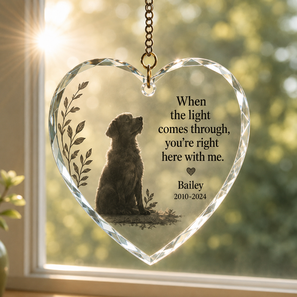 Heart shaped pet memorial suncatcher ornament with personalized pet details