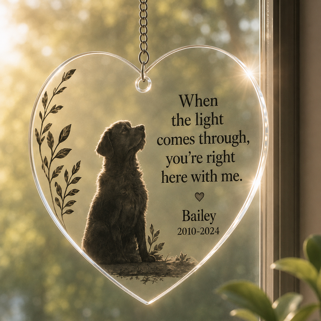 Round pet memorial window hanging ornament personalized with photo name and years