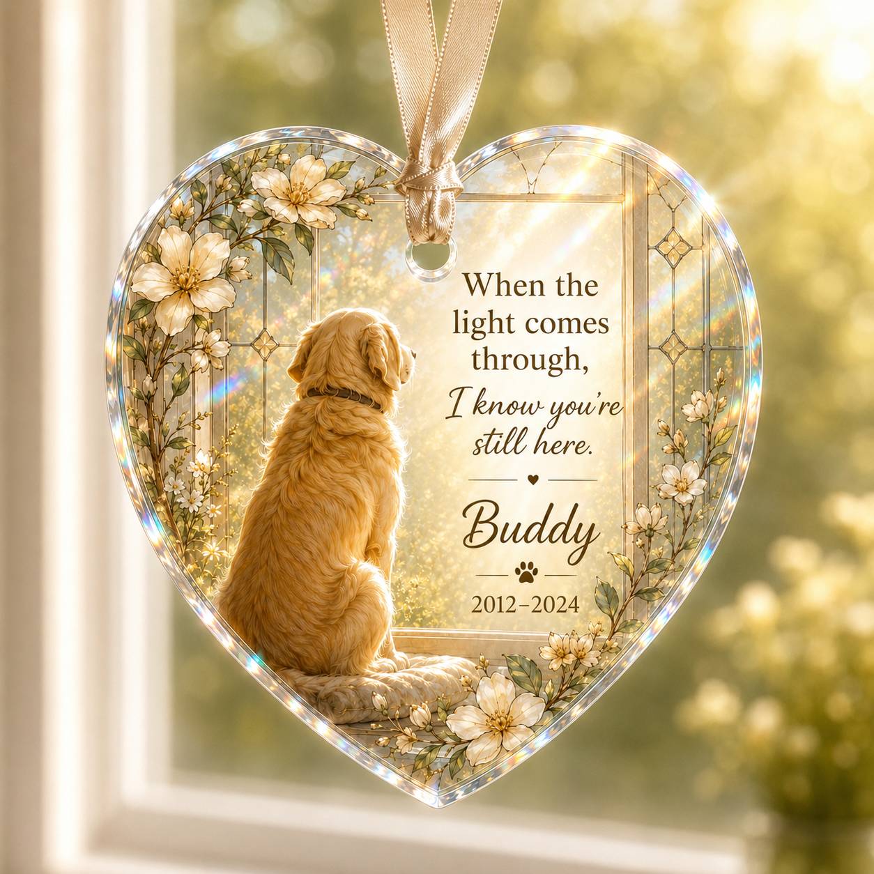 Pet memorial window ornament with photo name years and custom message