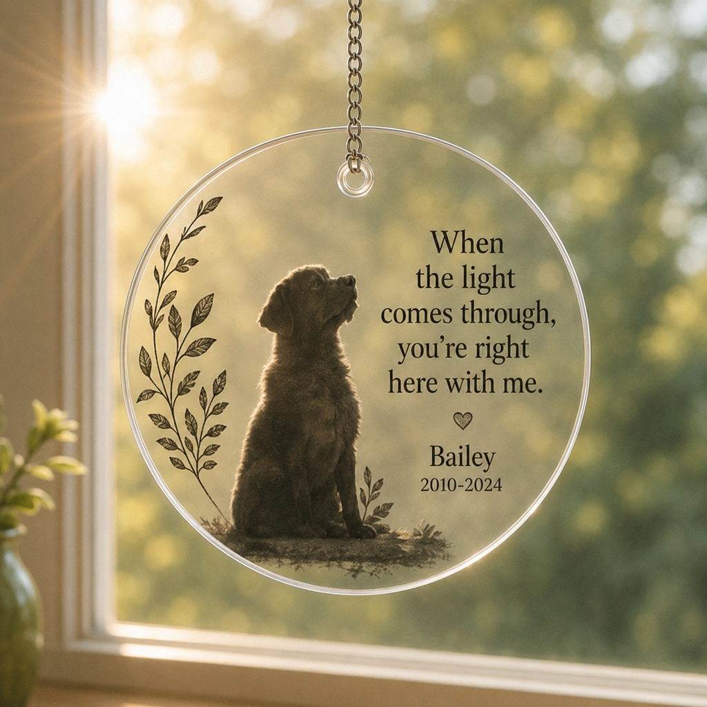 Pet memorial window ornament with photo name years and custom message