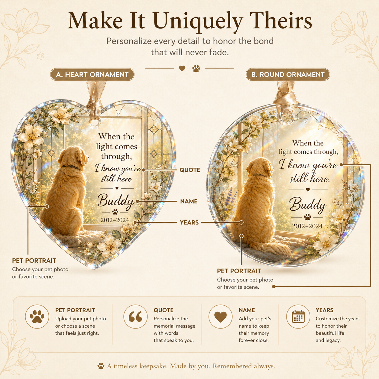 Round and heart pet memorial window ornament shape options