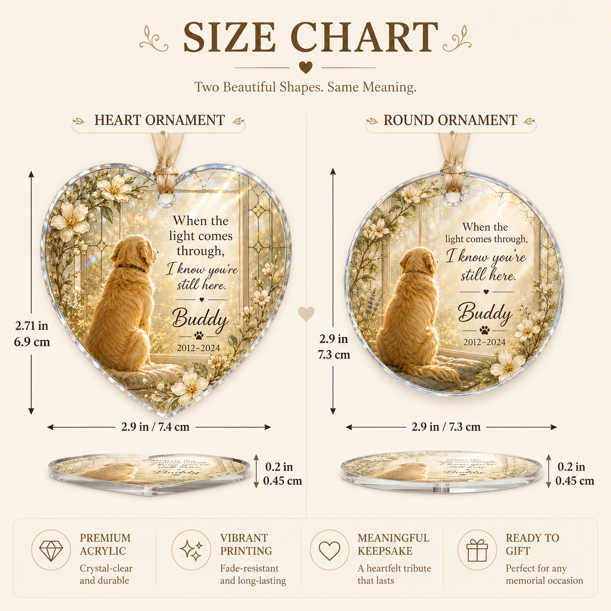 Pet memorial window hanging ornament size chart for round and heart designs