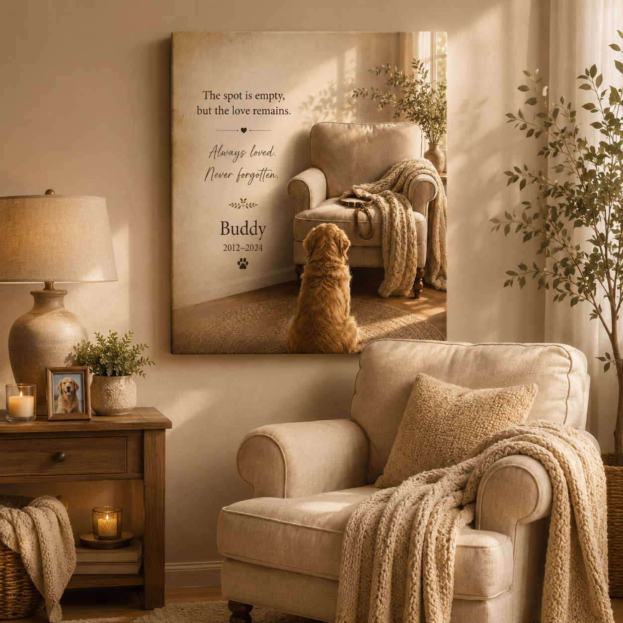 Back and frame detail of a stretched personalized pet memorial canvas