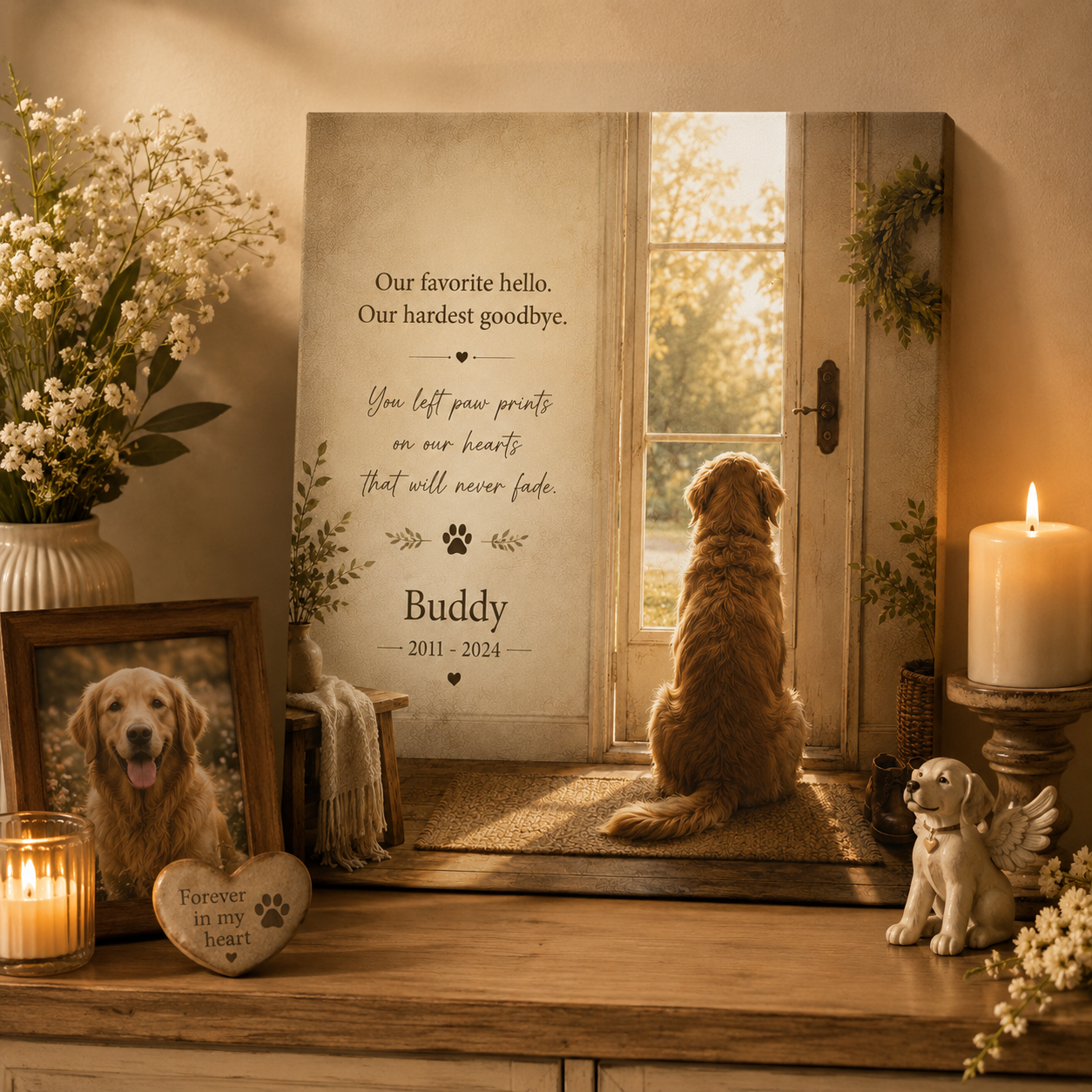 The Empty Spot pet memorial canvas in By the Door design with custom pet name and years