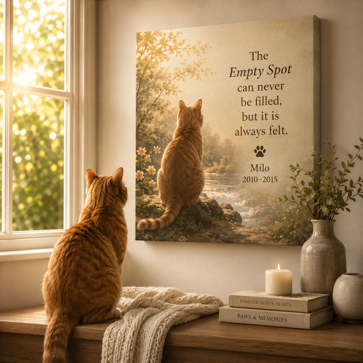 The Empty Spot personalized cat memorial canvas displayed by a favorite window