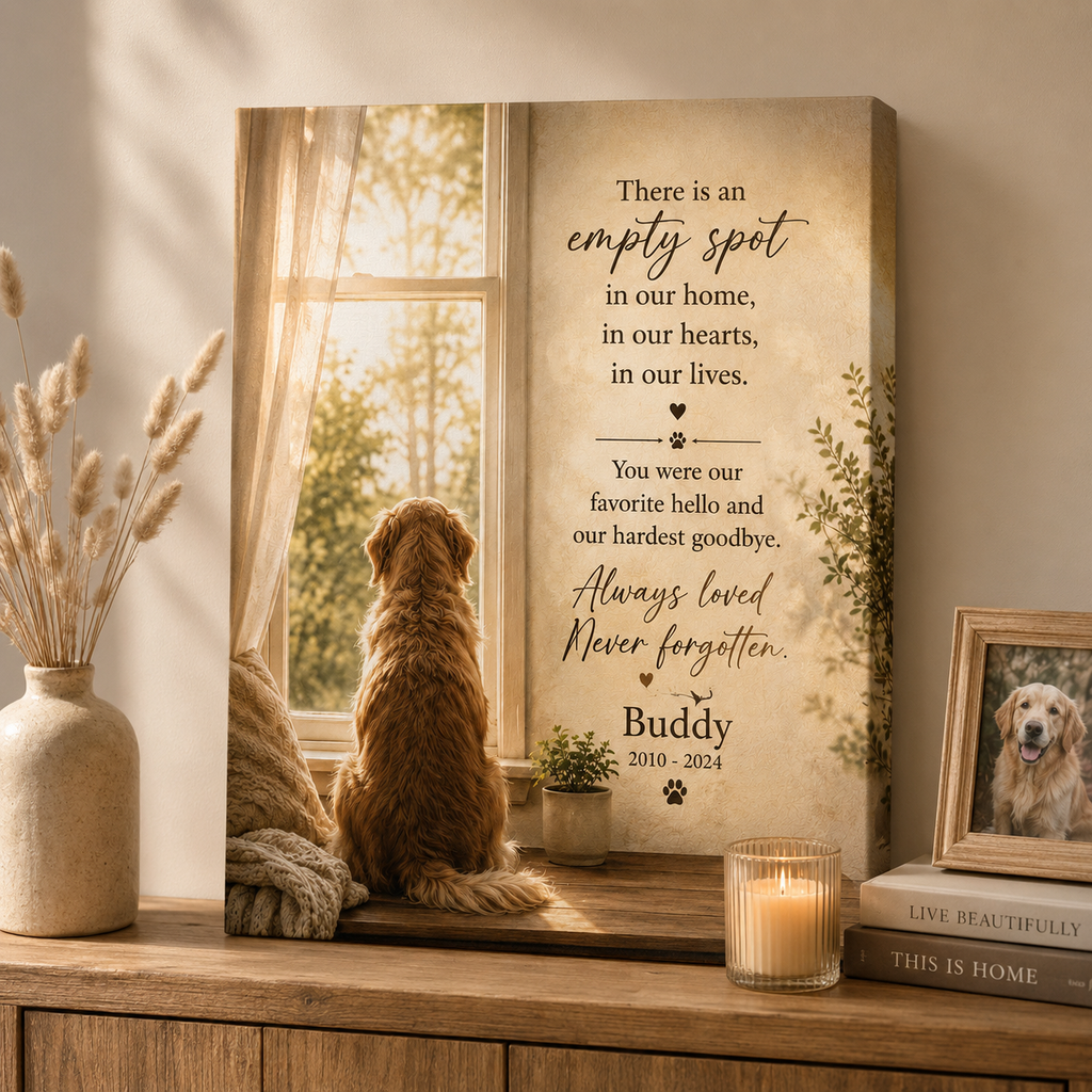 The Empty Spot personalized pet memorial canvas displayed on a warm wooden console