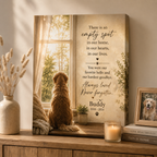 The Empty Spot personalized pet memorial canvas displayed on a warm wooden console