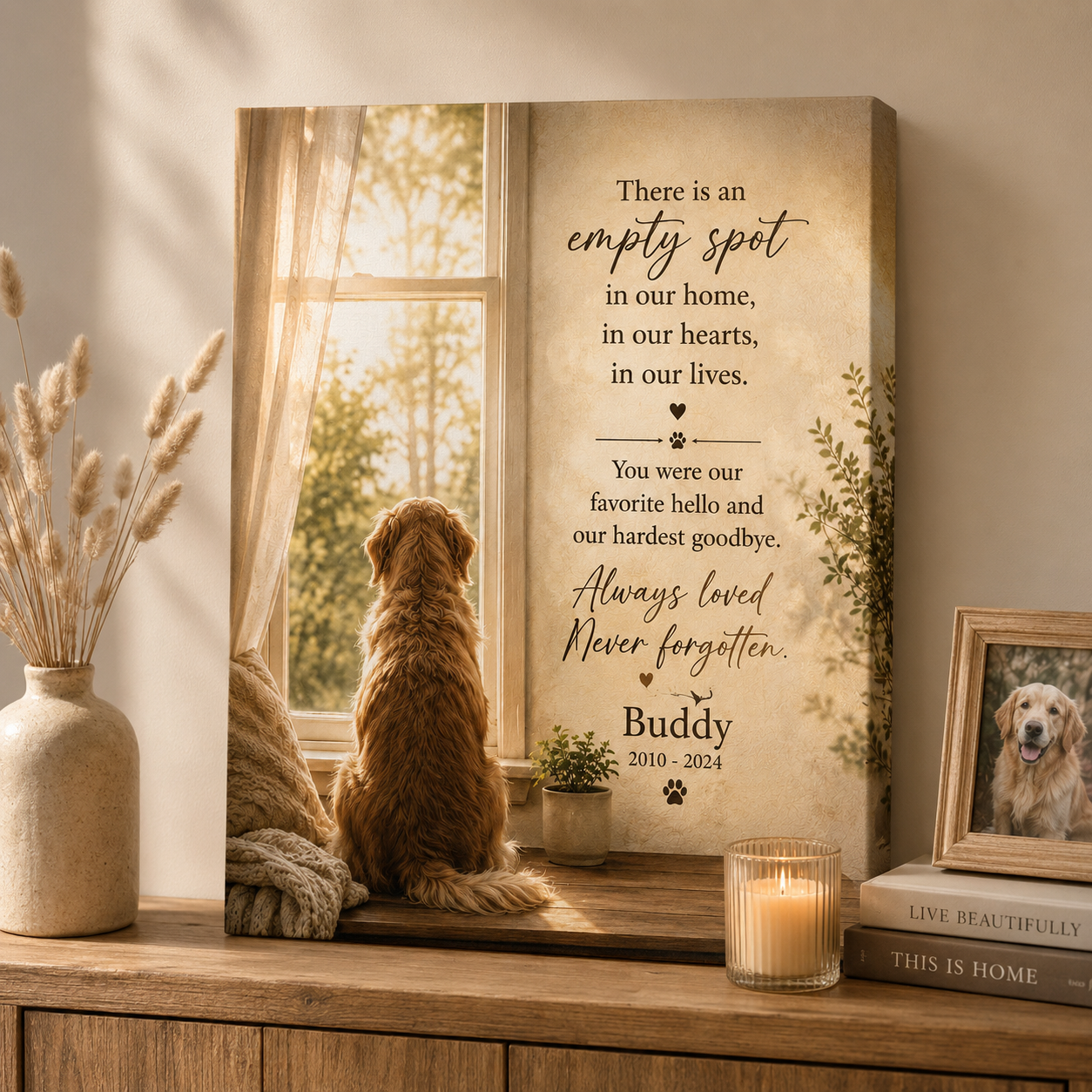 The Empty Spot personalized pet memorial canvas displayed on a warm wooden console