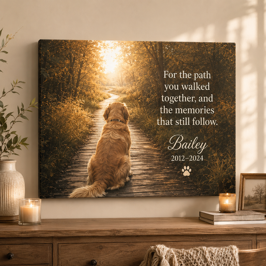 The Favorite Walk personalized pet memorial canvas displayed on a warm home wall