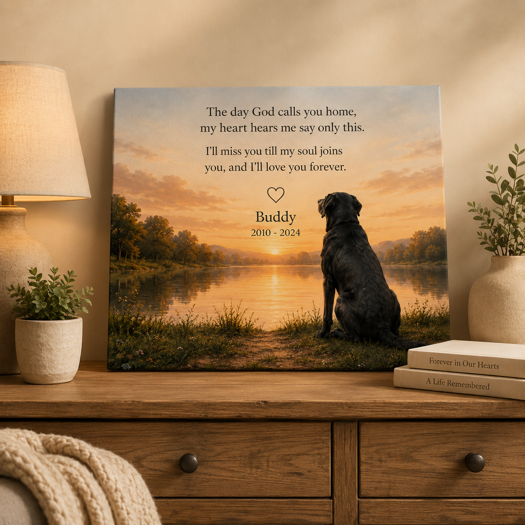 Until We Meet Again personalized pet memorial canvas displayed on a warm wooden console
